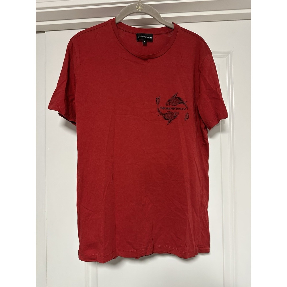 Emporio Armani,‎ Men's Red Crew Neck Tshirt, Fish Graphic, Size Medium